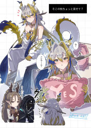  1boy 1other :o arknights bare_shoulders beads black_jacket blonde_hair blush brown_hair brown_robe closed_mouth colored_extremities commentary_request doctor_(arknights) dragon_girl dragon_horns dragon_tail earrings female frills grey_eyes grey_hair grid grid_background hair_between_eyes hair_intakes hair_ornament hair_stick hairpin highres holding holding_pillow hood hood_up hooded_jacket horns jacket jewelry long_hair long_sleeves looking_at_viewer multicolored_hair necklace no_mouth no_nose off_shoulder parted_lips pillow pointy_ears purple_hair ribbon-trimmed_hood ribbon_trim robe shu_(arknights) sound_effects speech_bubble tail translation_request white_background white_jacket wn_(wani-noko) yes-no_pillow zhi_(arknights) 