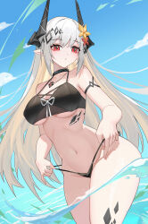  absurdres aiceq_(qianchen1999) arknights beach bikini black_bikini black_horns breasts chinese_commentary cleavage collarbone commentary cowboy_shot day female flower grey_hair groin hair_flower hair_ornament highres horns infection_monitor_(arknights) jewelry large_breasts long_hair material_growth micro_bikini mudrock_(arknights) navel oripathy_lesion_(arknights) outdoors parted_lips pendant pointy_ears red_eyes red_flower solo standing sunlight swimsuit wading water yellow_flower 