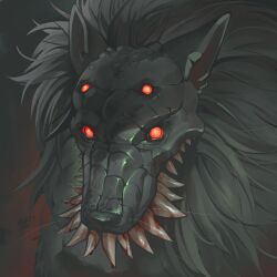  2024 4_eyes absurd_res black_background black_nose blood blood_on_teeth bodily_fluids canid canine canis colored detailed detailed_fur eldritch_abomination fear_and_hunger female feral fur glistening glistening_face glistening_teeth grey_body grey_fur grey_mane headshot_portrait hi_res honesthoney looking_away mammal mane moonless multi_eye no_pupils notched_ear portrait red_sclera shaded sharp_teeth signature simple_background solo teeth whiskers wolf 