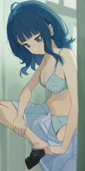  blue_bra blue_eyes blue_hair blue_panties blue_skirt bra breasts cleavage closed_mouth female highres hiroki_(yyqw7151) looking_down make_heroine_ga_oo_sugiru! medium_breasts medium_hair panties skirt solo standing standing_on_one_leg underwear undressing yanami_anna 