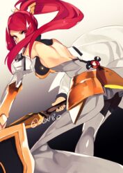  arc_system_works armor armored_dress back backless_outfit bare_shoulders blazblue breasts female frown hair_ornament hyakuhachi_(over3) izayoi_(blazblue) large_breasts long_hair looking_at_viewer pantyhose ponytail purple_eyes red_hair shiny shiny_hair shiny_skin showgirl_skirt sideboob solo sword thighhighs tsubaki_yayoi weapon 