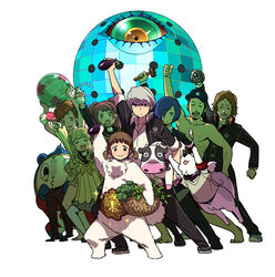  5girls alternate_costume ball basket beachball bovine camera canine championship_belt dancing doujima_nanako eggplant female_protagonist_(persona_3) food hammer hanamura_yousuke ice_cream iori_junpei koromaru kujikawa_rise kuma_(persona_4) milk multiple_boys multiple_girls narukami_yuu official_art persona persona_3 persona_3_portable persona_4 persona_4:_dancing_all_night persona_q rei_(persona_q) school_uniform sparkle yuuki_makoto 