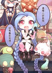  3girls absurdly_long_hair amumu annie_(league_of_legends) ashe_(league_of_legends) beancurd biting_hair blindfold blue_eyes blue_hair blush boots braid breasts caitlyn_(league_of_legends) cape cellphone chinese_commentary chinese_text cleavage collar commentary_request doll extra_eyes fingerless_gloves flat_chest gloves highres hood illaoi jinx_(league_of_legends) kog&#039;maw league_of_legends lee_sin long_hair multiple_girls mummy mushroom open_mouth out_of_frame phone pink_eyes shell_casing shorts single_thighhigh smartphone speech_bubble spiked_shell stairs tattoo tears teemo tentacle thighhighs translated twin_braids very_long_hair white_hair zac_(league_of_legends) 