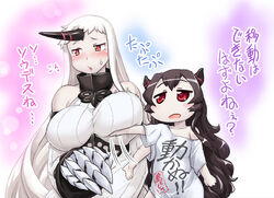  2girls abyssal_ship alternate_costume black_hair blush chestnut_mouth claws clothes_writing colored_skin commentary_request detached_sleeves hase_yu horns isolated_island_oni kantai_collection long_hair multiple_girls red_eyes seaport_princess shirt single_horn slapping_breasts sweat t-shirt translated white_hair white_skin 