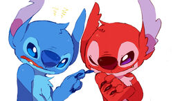  2012 4_fingers alien ambiguous_gender angry blue_body blue_claws blue_eyes blue_fur blue_nose chest_tuft claws crossed_arms derimiko digital_media_(artwork) disney duo experiment_(lilo_and_stitch) fangs fingers frustrated fur gesture hand_gesture head_tuft leroy_(lilo_and_stitch) lilo_and_stitch notched_ear one_eye_closed open_mouth pointing purple_eyes red_body red_claws red_fur red_nose simple_background smile smirk smug stitch_(lilo_and_stitch) teeth tuft white_background wink 