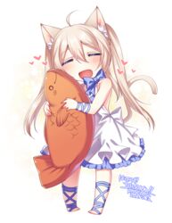  :d =_= animal_ear_fluff animal_ears bare_shoulders barefoot barefoot_sandals_(jewelry) blonde_hair blue_bow blue_bowtie blush bow bowtie cat_ears cat_tail chaso_(konshin) chibi closed_eyes commentary_request dated dress facing_viewer female full_body hair_between_eyes heart konshin long_hair open_mouth original sandals signature smile solo tail twintails white_dress wristband 