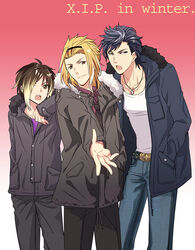  3boys bangs_pinned_back belt blonde_hair blue_eyes blue_hair brown_hair commentary_request date_kyoya denim fuwa_kento gradient_background hairband jacket jeans kanzaki_tooru koutake_hiroyoshi male_focus multiple_boys necktie open_clothes open_jacket outstretched_hand pants photoshop_(medium) pink_background tokimeki_memorial tokimeki_memorial_girl&#039;s_side tokimeki_restaurant 