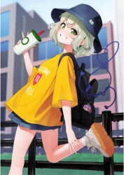  absurdres alternate_costume backpack bag blue_hat blue_skirt breasts bucket_hat building charm_(object) clothes_writing cowboy_shot cup denim denim_skirt disposable_cup drinking_straw female green_eyes green_hair grin hat heart heart_of_string highres holding holding_cup kanpa_(campagne_9) komeiji_koishi komeiji_satori leg_up looking_at_viewer miniskirt railing scan shirt shoes short_sleeves skirt small_breasts smile sneakers socks solo t-shirt third-party_source third_eye touhou white_footwear white_socks yellow_shirt 