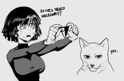  bob_cut breasts commentary earrings english_text feline female frown fubuki_(one-punch_man) greyscale hashtag-only_commentary holding holding_panties holding_underwear holding_unworn_clothes jewelry large_breasts monochrome nnsee_d one-punch_man open_mouth panties sweat thong turtleneck underwear unworn_panties 