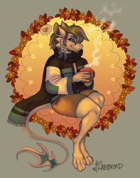  animal_humanoid anthro autumn autumn_leaves blue_body blue_eyes blue_skin bottomwear clothing container cozy cup dragon dragon_humanoid facial_hair feet flabberd grey_hair hair heart_symbol holding_container holding_cup holding_mug holding_object humanoid long_tail looking_at_viewer male mug mythological_creature mythological_scalie mythology paws scalie scarf short_hair shorts small_ears solo space_dragon steam steaming_cup streetwear tail techwear toes 