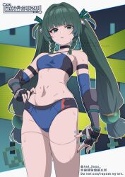  aoi_suzu arm_strap artist_name bare_shoulders black_choker black_gloves blue_shirt body_markings braid check_clothing choker clothing_request commentary_request cowboy_shot criss-cross_halter crop_top female fingerless_gloves gloves green_eyes green_hair halterneck hand_on_own_hip highres long_hair looking_at_viewer low_twin_braids mechanical_legs navel parted_lips qingyi_(zenless_zone_zero) shirt sidelocks solo standing stomach sweat twin_braids twintails twitter_username very_long_hair zenless_zone_zero 