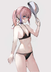  absurdres artist_name baseball_cap black_bra black_choker black_panties blue_eyes blue_hair blush bra choker cowboy_shot female flat_chest girls&#039;_frontline grey_background hair_ornament halterneck hat highres holding holding_hat holding_unworn_clothes irikawa looking_at_viewer multicolored_hair navel official_alternate_costume panties pink_hair ponytail short_ponytail simple_background solo st_ar-15_(breeze_in_a_summer_afternoon)_(girls&#039;_frontline) st_ar-15_(girls&#039;_frontline) streaked_hair underwear 