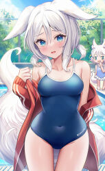  2024 animal_humanoid blue_eyes blush breasts canid canid_humanoid canine canine_humanoid chibi clothing ears_down female fox_humanoid grey_hair hair hi_res humanoid jacket mammal mammal_humanoid navel_outline one-piece_swimsuit outside pivoted_ears plant sakura_ani sky solo_focus swimming_pool swimwear topwear tree 