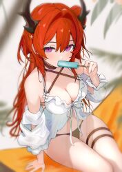  arknights bare_shoulders bikini black_bikini black_choker breasts choker cleavage criss-cross_halter demon_horns detached_sleeves female food food_in_mouth frilled_sleeves frills front-tie_top hair_between_eyes halterneck hammock highres holding holding_food holding_popsicle horns long_hair long_sleeves looking_at_viewer medium_breasts multi-strapped_bikini_top official_alternate_costume popsicle popsicle_in_mouth purple_eyes red_hair sitting slit_pupils solo sora_mame_(princess_0sora) stomach string_bikini surtr_(arknights) surtr_(colorful_wonderland)_(arknights) swimsuit thigh_strap thighs very_long_hair 