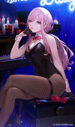  alternate_costume alternate_hairstyle black_gloves bow bowtie bully_(mori_calliope) candle crossed_legs ekao female fishnet_pantyhose fishnets flower gloves half_gloves highres hololive hololive_english instrument legs leotard long_hair looking_at_viewer mori_calliope official_art pantyhose piano pink_hair playboy_bunny ponytail red_eyes rose sitting solo strapless strapless_leotard virtual_youtuber wrist_cuffs 