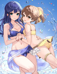  2girls ass bare_shoulders bikini blue_bikini blue_eyes blue_hair blue_sarong blush bracelet breasts brown_eyes brown_hair closed_mouth collarbone commentary commission delthea_(fire_emblem) fire_emblem fire_emblem_echoes:_shadows_of_valentia hand_on_another&#039;s_waist haru_(nakajou-28) highres holding_hands jewelry lilina_(fire_emblem) long_hair looking_at_viewer medium_breasts multiple_girls open_mouth sarong see-through see-through_sarong small_breasts smile swimsuit teeth thighlet thighs upper_teeth_only water yellow_bikini 