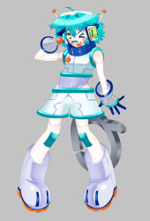  1boy 2000s_(style) absurdres ahoge androgynous aqua_eyes aqua_hair blush boots collar commentary crop_top cyber_fashion desktop_dog_(segatoys) english_commentary gloves grey_background headphones highres leotard looking_at_viewer one_eye_closed open_mouth original otoko_no_ko paw_shoes segatoys short_hair shorts simple_background solo standing star-shaped_pupils star_(symbol) symbol-shaped_pupils tachi-e variant_set 