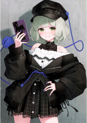  absurdres alternate_costume bare_shoulders belt black_hat black_jacket black_skirt cellphone choker cowboy_shot female green_eyes green_hair hand_on_own_hip hat heart heart_choker highres holding holding_phone jacket kanpa_(campagne_9) komeiji_koishi long_sleeves looking_at_viewer nail_polish off-shoulder_jacket off-shoulder_shirt off_shoulder phone plaid_clothes plaid_skirt purple_nails scan shirt short_hair skirt smartphone smile solo third-party_source third_eye touhou white_shirt 