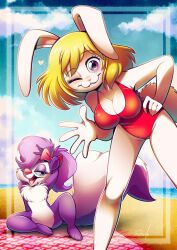  anthro beach carrot_(one_piece) clothing duo female fifi_la_fume hi_res one_eye_closed one_piece swimwear tiny_toon_adventures vaporotem warner_brothers wink 