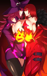  2girls action_taimanin astaroth_(taimanin) asymmetrical_docking bare_shoulders black_gloves black_sclera blazblue blazblue:_central_fiction blazblue:_cross_tag_battle blazblue_phase_0 breast_press breasts brown_collar byakkun_(byakkun8181) cape cleavage clothing_cutout collar collarbone colored_sclera commission crossover cursor curvy detached_sleeves dress earrings evil_grin evil_smile fire gloves grin hair_over_one_eye hat heart_collar highres huge_breasts jewelry konoe_a._mercury large_breasts long_dress long_hair multiple_girls navel navel_cutout pink_hair purple_cape purple_hat red_hair smile striped_clothes striped_gloves symmetrical_docking taimanin_(series) taimanin_asagi_kessen_arena taimanin_rpgx thighhighs volleyball_net witch witch_hat yellow_eyes 