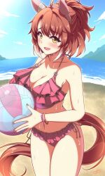  ahoge animal_ears ball beach beachball bikini blush bracelet breasts brown_eyes brown_hair cleavage dantsu_flame_(umamusume) ear_covers frilled_bikini frills from_side hairband holding holding_ball horse_ears horse_girl horse_tail jewelry large_breasts looking_at_viewer looking_to_the_side medium_hair pink_bikini pink_hairband ponytail sayossa_(pak-front) signature smile swimsuit tail umamusume white_hair 