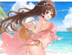  ass basket beach bikini bird bouncing_breasts breasts brown_eyes brown_hair circlet cloud commentary commission day female fire_emblem fire_emblem:_mystery_of_the_emblem fire_emblem_heroes haru_(nakajou-28) linde_(fire_emblem) linde_(summer)_(fire_emblem) long_hair looking_at_viewer medium_breasts navel ocean official_alternate_costume open_mouth outdoors palm_tree pink_bikini pointing ponytail side-tie_bikini_bottom sideboob skeb_commission sky solo starfish starfish_hair_ornament summer swimsuit tree very_long_hair 