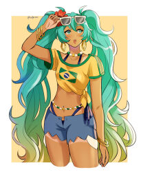  absurdres aqua_eyes aqua_hair arm_up artist_name bead_choker belly_chain bikini bikini_under_clothes blue_bikini blue_shorts border borrowed_design bracelet brazilian_flag_print brazilian_miku collarbone commentary cowboy_shot cropped_legs denim denim_shorts exposed_pocket eyewear_on_head flower hair_flower hair_ornament hatsune_miku hibiscus highres jewelry long_hair looking_to_the_side melodymiisafer multiple_bracelets navel navel_piercing open_clothes open_mouth open_shorts piercing rectangular_earrings red_flower shirt short_sleeves shorts side-tie_bikini_bottom simple_background standing sunglasses swimsuit tan tanlines tied_shirt twintails very_long_hair vocaloid wavy_hair white_border yellow_background 