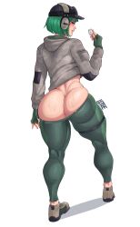  artist_name ass ass_focus black_hat blue_eyes brown_footwear clothes_pull earmuffs ela_(rainbow_six_siege) female fingerless_gloves full_body gloves green_gloves green_hair green_pants grey_hoodie hat highres hood hoodie lettuce_uwu looking_back pants pants_pull rainbow_six_siege shadow shoes short_hair simple_background solo sweat white_background 