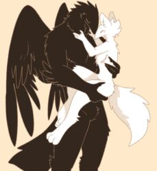  2019 anthro avian big_ears bird black_body black_feathers blush canid canine closed_eyes corvid corvus_(genus) crow duo feathers female fluffy fluffy_chest fluffy_tail fur hair hand_on_back hand_on_hip holding_neck holding_partner hug karagarasu_(pegu2726) larger_male male mammal nuzzling oscine passerine pegu2726 romantic romantic_couple simple_background size_difference smaller_female tail tarte_(pegu2726) unknown_species white_body white_eyes wings 