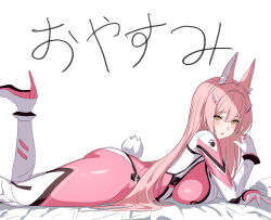  :o alternate_costume animal_ears blush bodysuit breasts gloves goddess_of_victory:_nikke hair_between_eyes hair_ornament hatenoga high_heels highres leona_(nikke) long_hair looking_at_viewer lying official_alternate_costume on_stomach pink_hair rabbit_ears rabbit_tail tail white_background yellow_eyes 