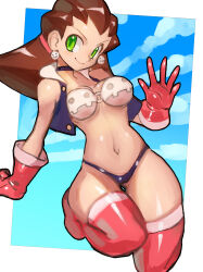  absurdres alternate_breast_size alternate_costume bikini blue_background blue_sky boots breasts brown_hair choker cloud cropped_vest dakusuta earrings female gloves green_eyes hair_pulled_back hand_up highres jewelry large_breasts legs_up looking_at_viewer mega_man_(series) mega_man_legends_(series) navel open_clothes open_vest red_gloves red_thighhighs skull_bikini skull_earrings sky smile solo swimsuit thigh_boots thighhighs traditional_media tron_bonne_(mega_man) v-shaped_eyebrows vest 