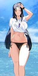  absurdres bikini black_bikini black_bikini_bottom black_hair blue_sky bracelet breasts character_request check_character collarbone female grin hand_in_own_hair hand_on_own_head highres jewelry kiryuu_mimori large_breasts long_hair looking_at_viewer navel one_eye_closed outdoors scryed see-through see-through_shirt shirt side-tie_bikini_bottom sidelocks sky smile solo swimsuit tied_shirt tomo0843 white_shirt 