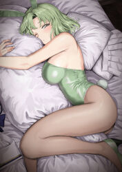  ;o absurdres animal_ear_hairband animal_ears bed_sheet blush bow bowtie breasts brown_pantyhose dakimakura_(object) fake_animal_ears fake_tail female fingernails green_footwear green_hair green_leotard hairband high_heels highres hugging_object idolmaster idolmaster_(classic) idolmaster_stella_stage large_breasts leotard looking_at_viewer lying mole mole_under_eye on_back one_eye_closed pantyhose pillow pillow_hug playboy_bunny rabbit_ear_hairband rabbit_ears rabbit_tail shiika_(idolmaster) skirt solo strapless strapless_leotard tail tsurui unworn_bowtie unworn_shirt unworn_skirt 