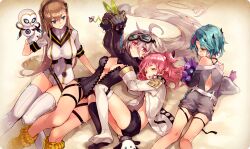  4girls 4others ahoge arm_support black_socks blue_eyes brown_hair closed_eyes closed_mouth crossed_bangs dare_ga_tame_no_alchemist feet_out_of_frame from_behind from_side gloves goggles goggles_on_head green_hair grey_hair hair_between_eyes helena_(phantom_of_the_kill) laevateinn_(phantom_of_the_kill) long_hair lying multiple_girls multiple_others no_shoes official_alternate_costume official_art on_back open_mouth orange_eyes parted_lips phantom_of_the_kill pink_hair profile purple_gloves red_eyes short_shorts shorts sitting smile socks solomon_(phantom_of_the_kill) teeth upper_teeth_only very_long_hair white_gloves white_socks 