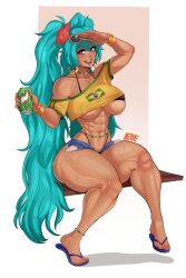  abs alternate_costume aqua_hair artist_name black_bra black_panties blue_eyes blue_footwear blue_shorts bra bra_peek bra_strap bracelet brazilian_flag_print brazilian_miku breasts can crop_top denim denim_shorts drink_can earrings eyewear_on_head female flower gold_bracelet gold_earrings guarana_antarctica hair_flower hair_ornament hatsune_miku highres holding holding_can jewelry large_breasts lettuce_uwu long_hair narrow_waist navel open_mouth panties panty_straps print_shirt rectangular_earrings red_flower sandals shirt short_shorts short_sleeves shorts sitting solo sunglasses teeth thick_thighs thighs underboob underwear upper_teeth_only very_long_hair vocaloid wide_hips yellow_shirt 