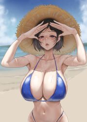  armpits arms_up bare_shoulders beach bikini black_hair blue_bikini blue_sky blurry blurry_background blush breasts cleavage cloud commentary_request day female halterneck hat highleg highleg_bikini huge_breasts navel original outdoors parted_lips purple_eyes sand shore short_hair sky solo straw_hat sweat swimsuit tomiokasena water 