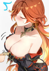  arms_under_breasts bare_shoulders black_bikesuit blush bodysuit breasts cleavage closed_eyes collar commentary_request female genshin_impact highres large_breasts long_hair mavuika_(genshin_impact) metal_collar multicolored_hair off_shoulder orange_hair red_hair solo tomas_(kaosu22) two-tone_hair white_background zipper_pull_tab 