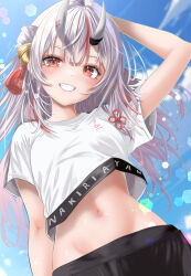  absurdres arm_up bell black_shorts blue_sky blush breasts character_name clothes_writing cloud cropped_shirt female gradient_hair grey_hair hair_bell hair_ornament highres hololive hololive_dance_practice_uniform horns looking_at_viewer multicolored_hair nakiri_ayame navel official_alternate_costume oni red_eyes red_hair shirt shorts skin-covered_horns sky small_breasts smile solo streaked_hair virtual_youtuber wakaunderblade7 white_shirt 