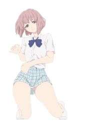  ankle_socks ass_visible_through_thighs blue_bow blue_bowtie blue_skirt bob_cut bow bowtie brown_eyes dress_shirt earrings female full_body highres jewelry koe_no_katachi light_blush looking_at_viewer medium_hair nishimiya_shouko pink_hair plaid_clothes plaid_skirt pleated_skirt shirt skirt socks solo tanaka29556626 tareme white_background 