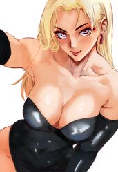  alternate_breast_size alternate_costume bion_(insomn_bion) black_gloves black_leotard blonde_hair breasts covered_navel dutch_angle earrings elbow_gloves female gloves highres jewelry jujutsu_kaisen large_breasts leotard long_hair looking_at_viewer navel purple_eyes simple_background sleeveless smile solo tsukumo_yuki_(jujutsu_kaisen) white_background 