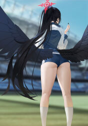  absurdres ass black_hair black_wings blue_archive blue_jacket commentary day feathered_wings feet_out_of_frame female from_behind gym gym_shorts halo hasumi_(blue_archive) hasumi_(track)_(blue_archive) highres holding holding_pen jacket kneepits long_hair low_wings midfinger multicolored_clothes multicolored_jacket official_alternate_costume official_alternate_hairstyle outdoors pen ponytail red_halo shorts socks solo standing thighs track_jacket two-tone_jacket very_long_hair white_jacket white_socks wings wings_through_clothes 