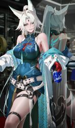  absurdres animal_ears bare_shoulders beer_can belt black_shorts blue_shirt breasts can coat covered_navel cowboy_shot drink_can feixiao_(honkai:_star_rail) female forehead_jewel fox_ears fox_girl green_eyes gym highres holding holding_can honkai:_star_rail honkai_(series) indoors large_breasts leaning long_hair looking_at_viewer mirror mr_goblin off_shoulder parted_bangs parted_lips ponytail reflection shirt shorts sidelocks smile solo thigh_belt thigh_strap very_long_hair white_coat white_hair 