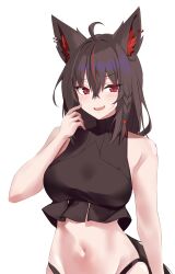  absurdres ahoge animal_ear_fluff animal_ears black_hair black_shirt blush braid commentary_request cropped_shirt earrings female fox_ears fox_girl fox_tail hair_between_eyes hand_up highres hololive jewelry kurokami_fubuki long_hair looking_to_the_side midriff multicolored_hair namekonnn navel open_mouth panty_straps red_eyes red_hair shirt side_braid sidelocks simple_background sleeveless sleeveless_shirt smile solo streaked_hair tail upper_body virtual_youtuber white_background 