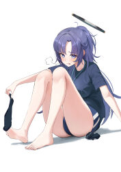  absurdres bare_legs black_shirt black_socks blue_archive blue_buruma blue_eyes blue_hair blush buruma double_vertical_stripe feet gym_shirt gym_uniform halo highres kanketsu25 knees_up lanyard long_hair mechanical_halo official_alternate_costume ponytail removing_sock shirt short_sleeves sitting socks soles star_sticker sticker_on_face thighs toes unworn_socks wavy_mouth yuuka_(blue_archive) yuuka_(track)_(blue_archive) 