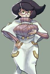  big_hair breasts buttons capelet dreymore female glasses green_eyes grey_background half-closed_eyes hand_on_own_chest high-waist_skirt highres large_breasts long_sleeves medium_skirt pencil_skirt pink-framed_eyewear pink_sweater pokemon pokemon_sm purple_hair ribbed_sweater short_hair skirt solo sweater sweater_guard turtleneck turtleneck_sweater white_capelet white_skirt wicke_(pokemon) 