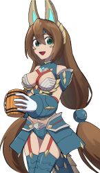  animal_ear_hairband animal_ears armor barrel bikini_armor blue_armor blue_scales blue_thighhighs breasts brown_hair chest_harness chestnut_mouth cowboy_shot cup fake_animal_ears female garter_straps gloves green_eyes hair_between_eyes hair_bobbles hair_ornament hairband harness highres holding holding_cup iris_(mega_man) large_breasts long_hair looking_at_viewer low-tied_long_hair mega_man_(series) mega_man_x_(series) mega_man_x_dive official_alternate_costume onionsenbei001 open_mouth shoulder_armor smile solo spikes tail thighhighs white_gloves zinogre_(armor) 