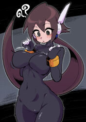  ? ?? absurdres aile_(mega_man_zx) black_bodysuit black_eyes blush bodysuit breasts breath brown_hair buzzlyears covered_collarbone covered_navel cowboy_shot female grey_background highres large_breasts looking_down mega_man_(series) mega_man_zx mega_man_zx_advent ponytail ringed_eyes robot_ears solo sweat 