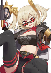  :d absurdres black_shorts black_thighhighs blonde_hair breasts burnice_white cleavage female harukatoku1009 highres large_breasts looking_at_viewer open_mouth shorts simple_background sitting smile sunglasses thighhighs twintails white_background zenless_zone_zero 