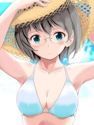  arm_up bikini blue_eyes breasts collarbone expressionless female glasses grey_hair halterneck hat highres looking_at_viewer original semi-rimless_eyewear shigyomusume short_hair solo straw_hat swimsuit upper_body white_bikini 