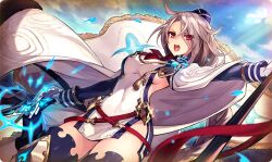  ahoge blue_sky braid breasts cloud cowboy_shot dare_ga_tame_no_alchemist female flag gloves grey_hair hat holding holding_sword holding_weapon long_hair medium_breasts official_art open_mouth outstretched_arm phantom_of_the_kill ragnarok_(phantom_of_the_kill) red_eyes sideboob sky solo sword teeth upper_teeth_only very_long_hair weapon white_gloves 